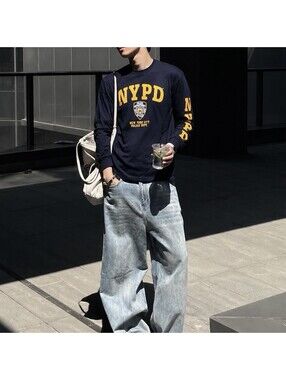 Official NYPD Long Sleeve Graphic TShirt Mens L Navy Y2K Streetwear USA
